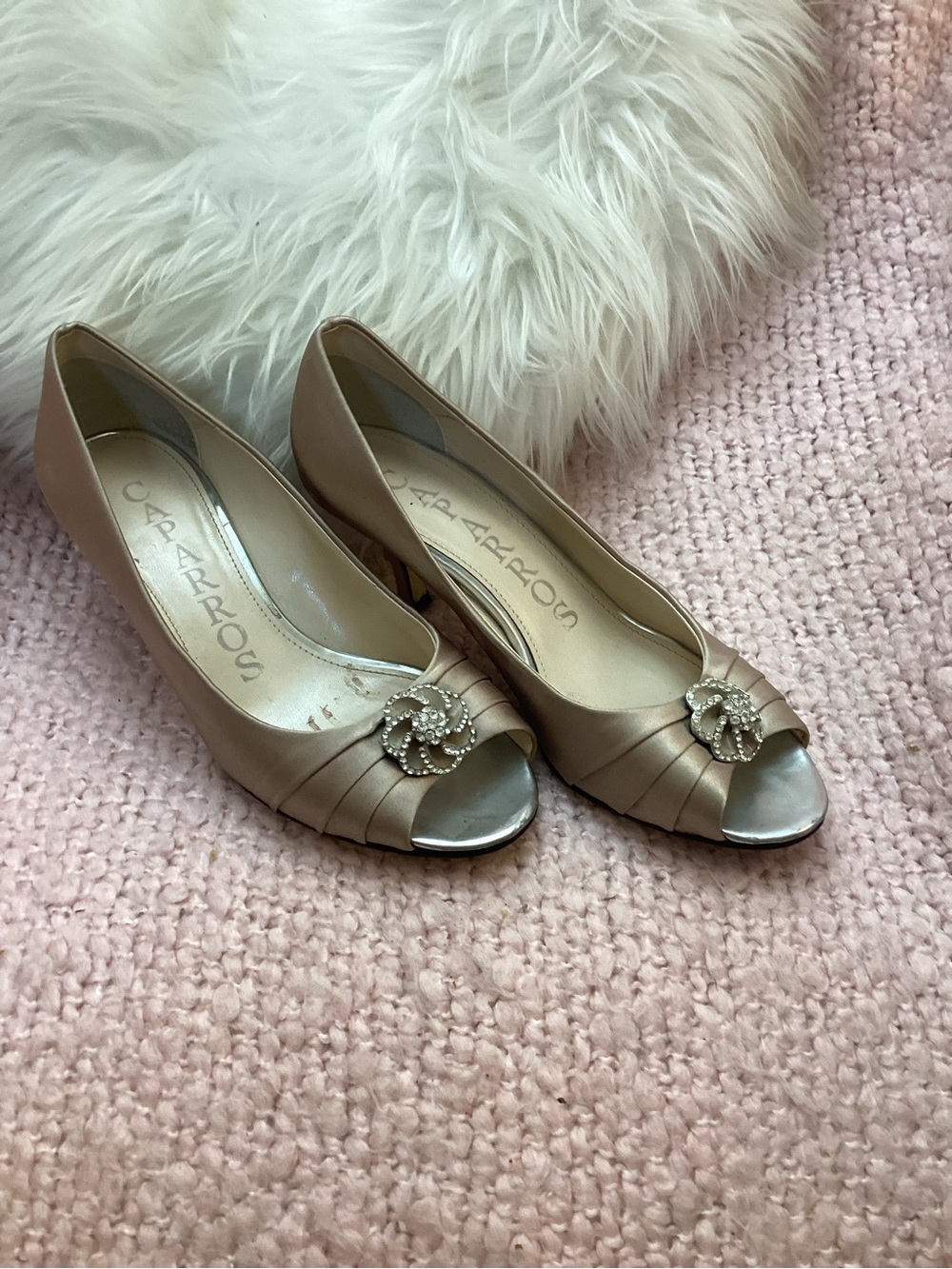 Caparros Women's Taupe Satin Peep-Toe Heels with Rhinestone Accent